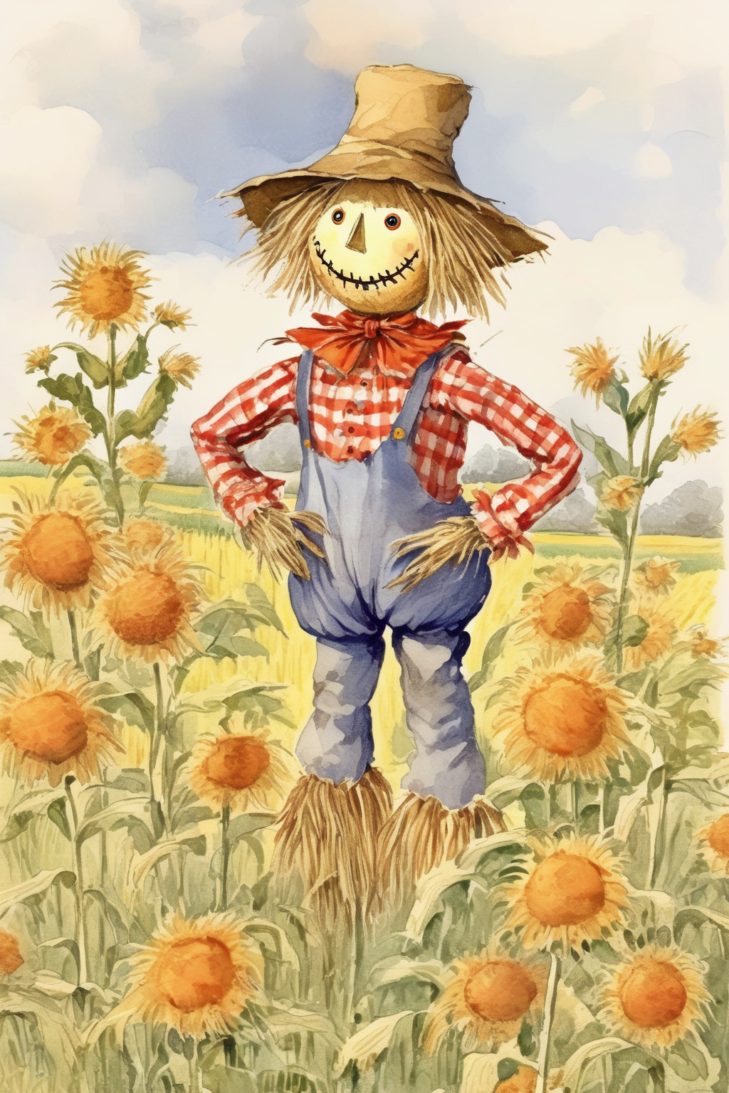 00238-898387628-_lora_Randolph Caldecott Style_1_Randolph Caldecott Style - child's book illustration of a friendly scarecrow in a field of dias.png